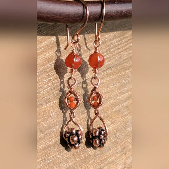 Copper Dangle Earrings Orange-Red Carnelian Agate Artisan Crafted - Picture 6 of 16